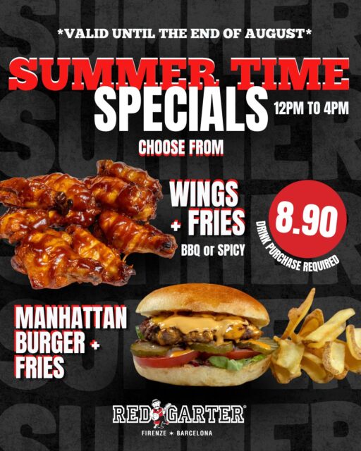 Summer, sunshine and a lunch break worth looking forward to. ☀️😎
Every Friday, Saturday and Sunday, from 12 PM to 4 PM, enjoy our Summer Time Specials for just €8.90.
Choose your favorite:
🍔 Manhattan Burger + Fries
🍗 Wings + Fries (BBQ or Spicy)
Available until the end of August.
📍 Red Garter, Via dei Benci, 33R, Florence.

Estate, sole e una pausa pranzo che vale davvero la pena. ☀️😎
Da venerdì a domenica, dalle 12:00 alle 16:00, ti aspettano le nostre Summer Time Specials a soli €8,90.
Scegli tra:
🍔 Manhattan Burger + Fries
🍗 Wings + Fries (BBQ o Spicy)
Disponibili fino alla fine di agosto.
📍 Red Garter, Via dei Benci, 33R, Firenze.