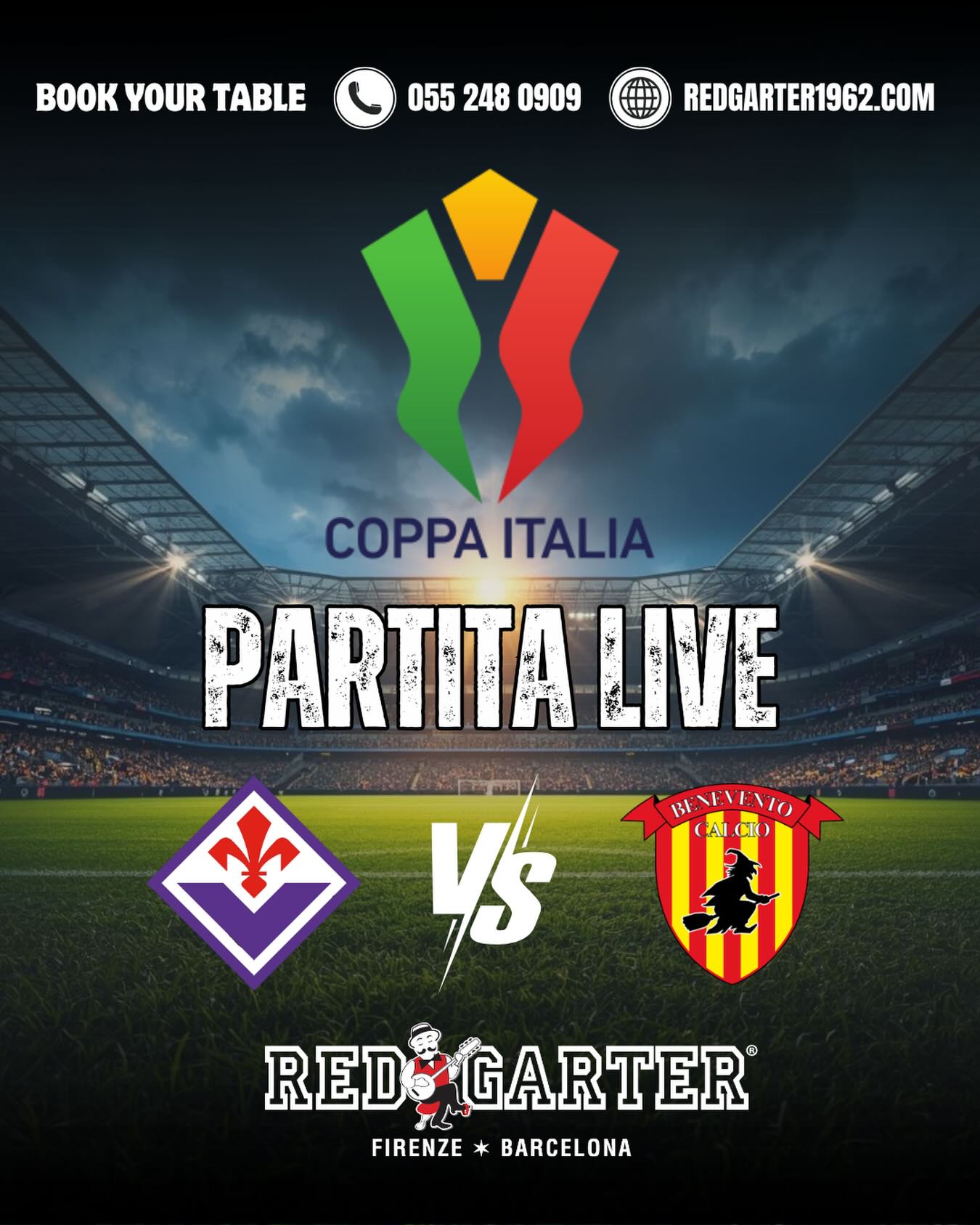 🏆🇮🇹 COPPA ITALIA
Fiorentina X Benevento ⚽️

Guarda la partita in diretta al Red Garter e vivi ogni minuto del match in compagnia. 🍔🍻

Ti aspettiamo! 💜
