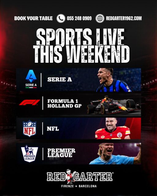 Big games, big races, big weekend at Red Garter! 🏆🔥
Grab your crew, book your table and don’t miss a second! 🍻⚽🏎️🏈

Un weekend pieno di sport al Red Garter! 🏆🔥
Raduna gli amici, prenota il tuo tavolo e non perderti neanche un minuto! 🍻⚽🏎️🏈

📍 Red Garter, Via dei Benci, 33R, Firenze.
𝒲𝑒 𝑀𝒶𝓀𝑒 𝐸𝓋𝑒𝓇𝓎 𝒩𝒾𝑔𝒽𝓉 𝒮𝓅𝑒𝒸𝒾𝒶𝓁